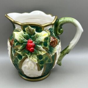 Cosmos Gifts Christmas Holly Berry Pinecone Ceramic Pitcher Gold Trim 3.5" Vtg